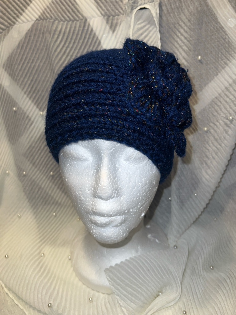 Navy Knit Headband with Decorative Flower